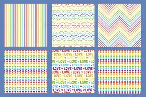 Seamless pride pattern. Rainbow gradient lines, hearts stripes and love text in LGBT flag colors seamless backgrounds set vector