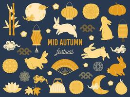 Mid autumn festival rabbits. Lotus mooncake, asian moon with clouds and gold rabbit Illustration set vector