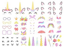 Unicorn designer. Create your own unicorns with magic horns, rainbow hairstyles and cute eyelashes. Flower wreath, accessories constructor vector