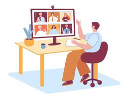 Distant working. Team meeting with remote worker, corporate call and guy talking with colleagues illustration vector