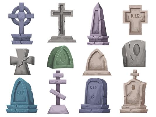 Cartoon graves. Gravestone, ancient RIP tombstone and gothic graveyard memorial crosses set