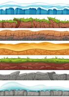 Cartoon seamless grounds. Game background assets of rocks way texture, snowy land, desert sands and green meadow landscape Illustration set. vector