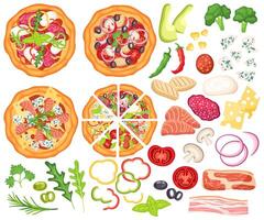 Pizza designer. Ingredients for cooking, sliced vegetables and top view pizzas cartoon set vector