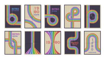 Retro geometric lines posters. Rainbow color path, 80s groovy stripes and minimal poster design set vector