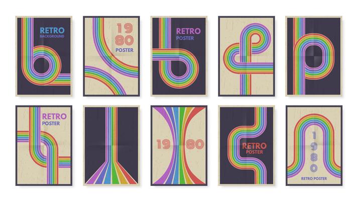 Retro geometric lines posters. Rainbow color path, 80s groovy stripes and minimal poster design set