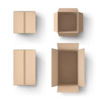 Realistic brown box. Open and close parcel, cardboard packaging and delivery boxes top view 3D mockup set vector