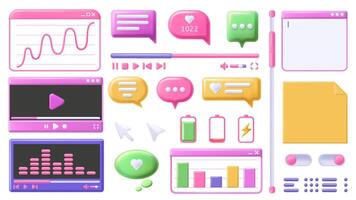 Design 3D elements. player window, notes and text editor app. Scroll bar, UI buttons and office graph charts set vector