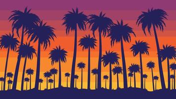 Retro beach sunset. Evening California palm trees, tropical paradise with color striped sky background illustration vector