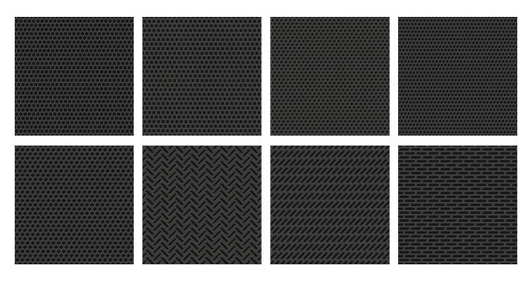 Perforated metal texture. Black metallic grid, dark steel plate with dot holes perforation pattern background set