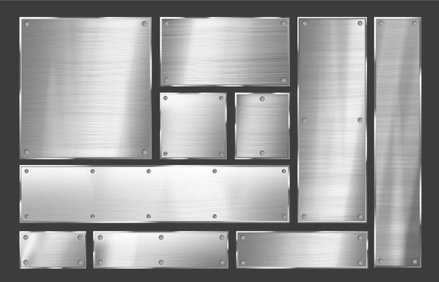 Metal plate. Brushed steel sign frame with metal rivets, polished metallic signboard background set