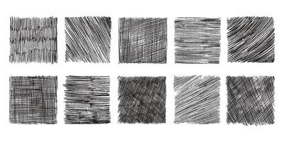 Pencil shaded squares. Pen stroke scribble, hand drawn scrawl sketch texture and line sketched background set vector