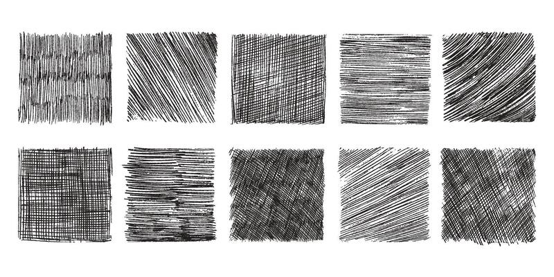 Pencil shaded squares. Pen stroke scribble, hand drawn scrawl sketch texture and line sketched background set