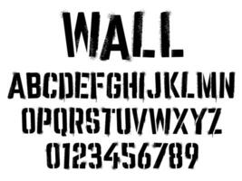 Stencil graffiti font. Aerosol spray text with grunge grain texture, paint splatter letters and numbers set vector