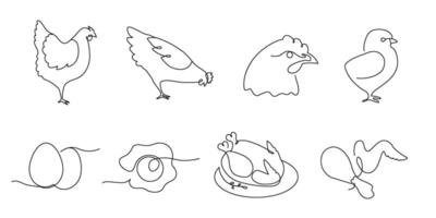 One line chickens. Farm bird, chicken meat and eggs continuous line illustration set vector