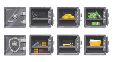 Metal safe. Safely vault for gun, key and documents. Gold bars and cash money in secure metal storage. Open and closed safes Illustration set vector