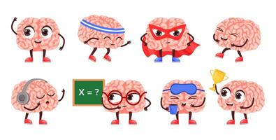Brain character. Happy smart mascot, super hero mind and intellectual cartoon Illustration set vector