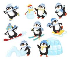 Penguin in winter activities. Little cute cartoon penguins characters play fun, make snowman, skating and skiing set vector
