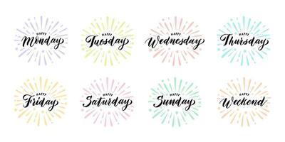 Happy week days lettering. Calligraphic weekend and weekday names with burst splash, handwritten diary titles set vector