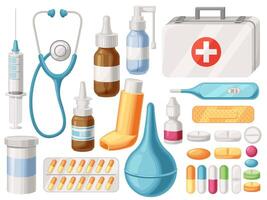 Cartoon medical supplies. First aid kit, inhaler, syringe and pharmacy drugs. Medical tools illustration set vector