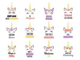 Magic unicorns quotes. Belive in magic, never stop dreaming and unicorn style print set vector