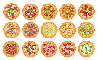 Top view pizza. Different Italian pizzas, margherita with mozzarella cheese and tomatoes slices, pepperoni with basil cartoon set vector