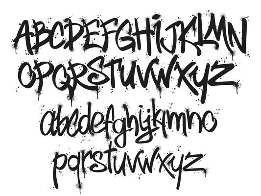 Graffiti tags marker font. Street art lettering designer, urban typography letters and alphabet with tag marker splatter set