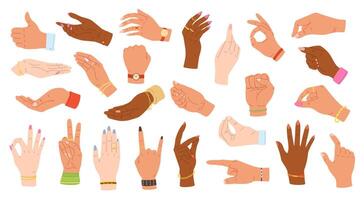 Hand gestures. Human hands hold, point and grip. Multiethnic hands with accessories on wrists Illustration set vector