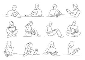 One line read books. Reading people, student with book engage in reading single continuous outline Illustration set vector