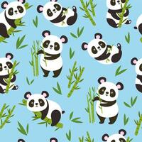 Pandas pattern. Seamles baby panda bears with bamboo branches, cute china animal background illustration vector