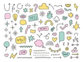 Cute doodle elements. Line art star sparkles, arrow pointers and frame borders decorations. Simple design ornaments set vector