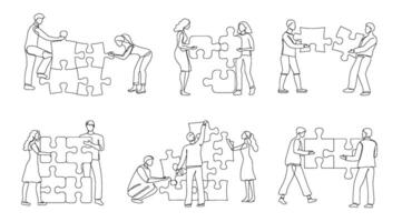 Team puzzle solving. People working together and connect puzzle pieces, partnership collaboration and teamwork continuous one line set vector