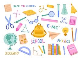 School bundle. Learning and studying objects, rulers and books. Pens, pencils and school supplies elements set vector
