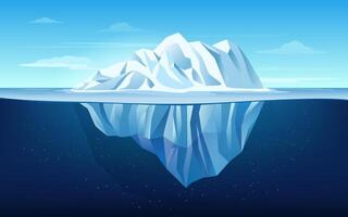 Cartoon iceberg. Growler floating In ocean, underwater part of the iceberg and tip. Giant ice ship background illustration vector