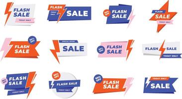 Flash sale labels. Today only lightning fast offer badge tags, promotion banners with flash symbol set vector