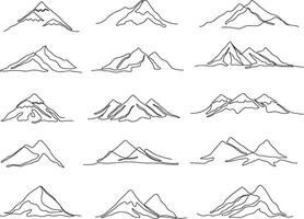 One line mountains. Linear mountain ranges and continuous outline peaks, travel landscape illustration set vector
