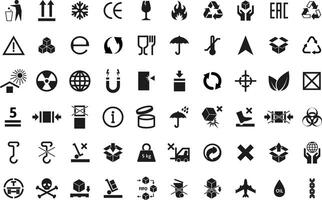 Packaging symbols. Cargo shipping and product labeling icons. Handle with care, flammable warning and umbrella pictograms set vector
