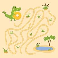 Crocodile maze. Labyrinth puzzle, help alligator find way to oasis lake. Choose direction game for kids, logic test illustration vector