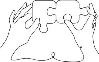 Solving puzzle. Human hands connecting jigsaw pieces, find solution continuous one line illustration vector