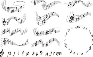 Sheet music notes. Elegant musically lines, musical notation swirls with note symbols illustration set vector