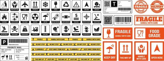 Packaging stickers. Parcel direction info, fragile warning sticker and print for adhesive tape with packaging symbols set vector