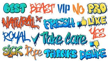 Graffiti tags. Fresh, best and dope street art text signs. Spray paint typography, like and dislike graffitis set vector