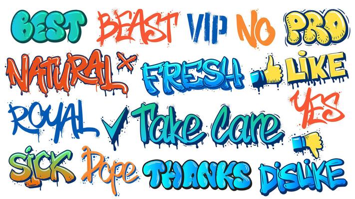 Graffiti tags. Fresh, best and dope street art text signs. Spray paint typography, like and dislike graffitis set