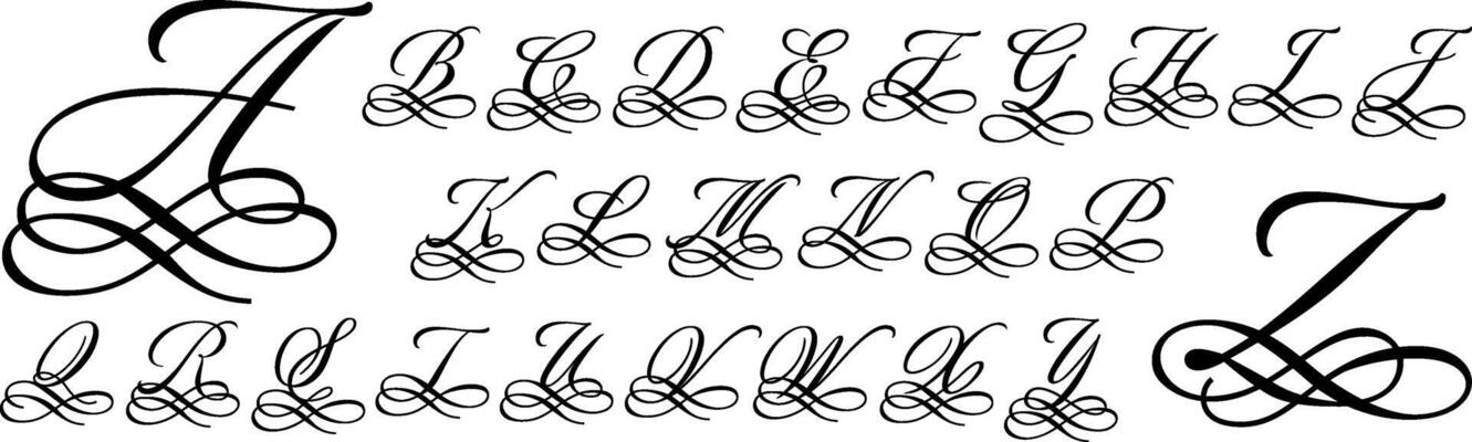 Calligraphy capital letter monogram. Filigree alphabet letters, vintage handwritten font with swashes ornaments set