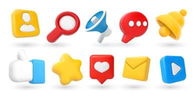Social media 3D icons. Notification bell, thumb up like, favorites star and comment button. Search, marketing megaphone and email set vector