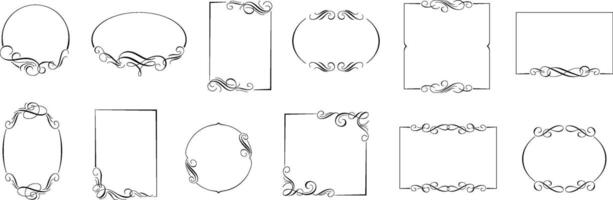 Calligraphic frames. Retro borders with pointed pen swashes and swirls, ornamental badges template and old labels framing set vector