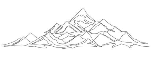 One line mountains landscape. Panoramic mountain range with snowy peak continuous outline illustration vector