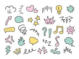 Doodle expression elements. Cartoon character emotion symbols, cute chibi expression masks hand drawn scribing doodle set vector