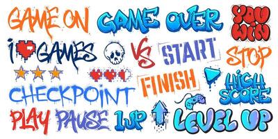 Gaming graffiti. Game over street art, level up and you win lettering. Play and pause, start and finish sprayed tags set vector