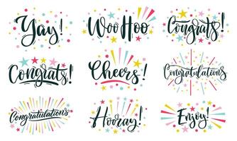 Joyful lettering. Congratulations text, cheers and hooray calligraphic inscription. Congrats, enjoy and woo hoo template with rays and sparkles set vector