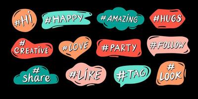 Hashtag lettering tags. Like sticker, share label and follow tag. Happy, love and party hashtags in color frames for social media posts set vector